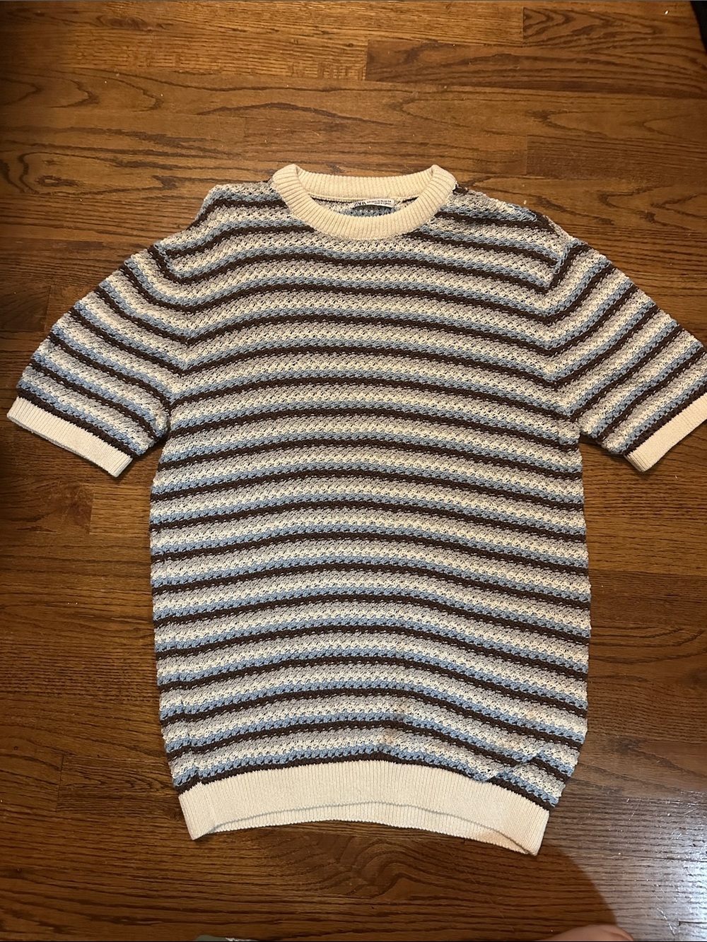 Zara Striped Crewneck Sweater in Cream, Light Blue & Brown